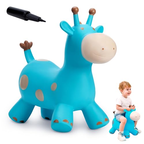 Image of EVERICH TOY Giraffe Bouncy Animal Hopper,Ride on Horse Toy for Toddler 18M+ | Inflatable Horse Hopping Toy for Boys Girls, Indoor Outdoor Blue Toy for 2 Year Old Kids, Gift for 2 3 4 5 6 Yrs W / Pump