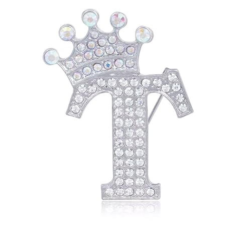 Image of Initial Letter Brooch Pins with Crown for Women Girls Men Boys Personalized Name Brooches Crafts Colorful Rhinestone Brooch Pins Silver A-Z