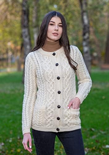 Image of SAOL 100% Merino Wool Ladies Irish Buttons Knit Cardigan Lumber Jacket with Pockets