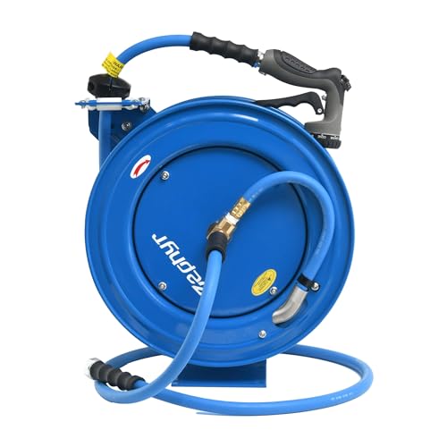 Image of Zephyr Auto Retractable Heavy Duty Hose Reel 10mm / 3 /8 inch with Rubber Hose, 8 Mode Spray Nozzle - Blue | 10 mtr