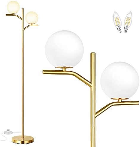 QiMH Modern Floor Lamp for Living Room, Gold Standing Lamp with 2 Sphere Frosted Glass Globes, 68" Contemporary Mid-Century Tall Pole Tree Light for Bedroom Office, Antique Brass(LED Bulbs Included)