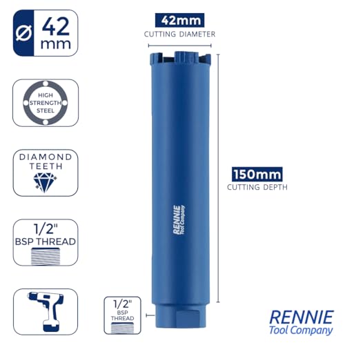 42mm x 150mm Long Diamond Core Drill Bit. To Be Used In Concrete Masonry Brick Block Stone Granite. Diamond Drill Bit Core Drill. 1/2" BSP Thread. For Wet Or Dry Drilling 2 42mm x 150mm Long Diamond Core Drill Bit. To Be Used In Concrete Masonry Brick Block Stone Granite. Diamond Drill Bit Core Drill. 1/2" BSP Thread. For Wet Or Dry Drilling - Image 2
