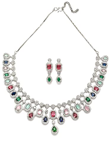 Image of Karatcart Silver Toned American Diamond Studded Jewellery Set for Women