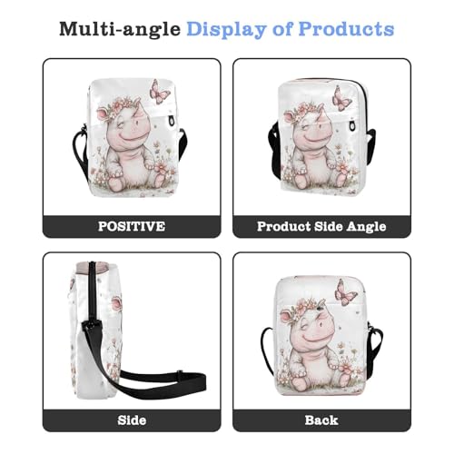 Cartoon Cute White Rhinoceros Flowers Butterfly messenger bag cute Small Crossbody Bags For Women Ladies Shoulder Handbags Adjustable Strap for Casual School4