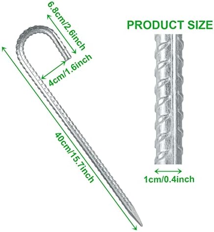 YAYODS 8PCS 16 Inch Ground Stakes, 10mm Galvanized Rebar Tent Stakes J Hook, Heavy Duty J Hook Ground Anchors for Tents, Trampoline and Fences