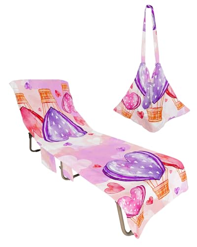 Purple Pink Red Love Heart Valentines Day Beach Lounge Chair Towel Cover, Soft Chaise Lounge Towel with Side Pockets Patio Pool Chairs Cover for Beach/Pool Sunbathing 29x85 Love Heart Balloon