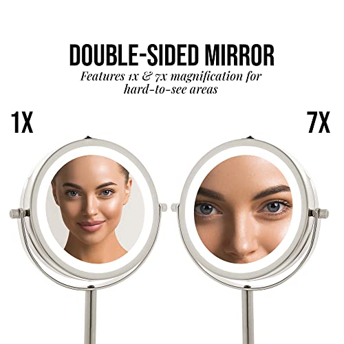 Image of OVENTE Lighted Vanity Mirror 6 Inch Table Top 1X 7X Magnification LED 360 Adjustable Double Sided Spinning Personal Makeup Stand Desk Bathroom Battery Powered Round Large Nickel Brushed MLT60BR1X7X