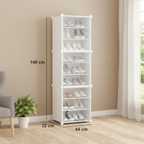 Image of KRISHYAM Portable Shoe Rack Organizer | 9-Tier Plastic Cube Storage Cabinet with 3 Doors | Modular Shoe Tower for Hallway, Bedroom, Closet & Entryway | Holds 18 Pairs | White