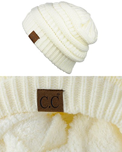 Image of C.C Unisex Chunky Soft Stretch Cable Knit Warm Fuzzy Lined Skully Beanie