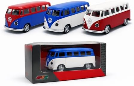 Miniatura Carrinho De Ferro Kombi 11 Cm, Com Expositor e Caixa, Rodinhas em borra e com Fricção, ideal para colecionar (Azul e Vermelho)