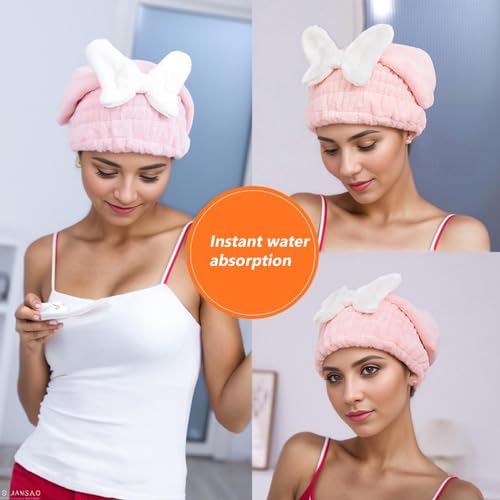 Tyrzol 2Pcs Hair Microfibe Hair Drying Caps Rapid Hair Towel Wrap Super Absorbent Hair Towel Wrap for Wet Hair Drying Towel Quick Dry Head wrap with Bow-Knot Shower Cap (Blue+Wine Red) - Image 5