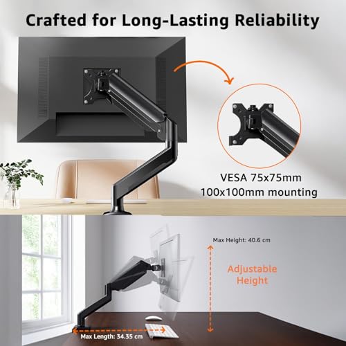 Image of Amazon Basics Pro Series Ergonomic Single Monitor Arm with Gas Spring - Full Motion VESA Mount (13 inch-32 inch), 360 Rotation, Supports up to 8 kg | Adjustable Monitor Mount