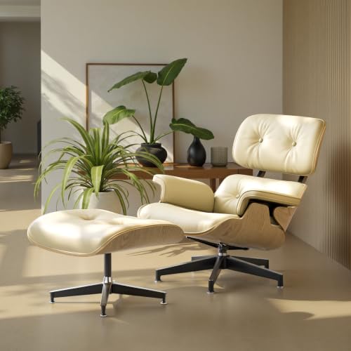 Image of Mid Century Modern Top Grain Leather Chaise Lounge Chair & Ottoman
