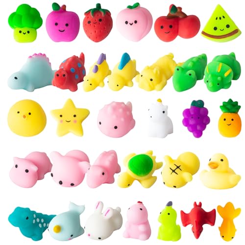 SINZUX 32Pcs Mochi Squishy Toys, Kawaii Animals Dinosaur Fruits Mini Squeeze Toys Pack, Soft Squishies Stress Relief Sensory Fidget Toys Party Bags Fillers for Kids Birthday Party Favors Gifts