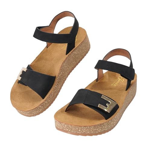 JOMIX Sandales Femme Compensées avec Scratch Semelle en Liège Chaussures d'été à Talon épais Confortables WWS260453 (Noir, 37)