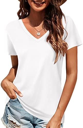 Elesomo Women Tshirts V Neck Short Sleeve Tops Summer Cotton T Shirts, White L