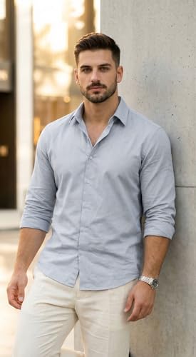 Image of IndoPrimo Men's Cotton Shirt with Stylish Full Sleeves Spread Collared Neck Solid Pattern Western Style Classic Fit and Standard Length | Casual Shirt for Man