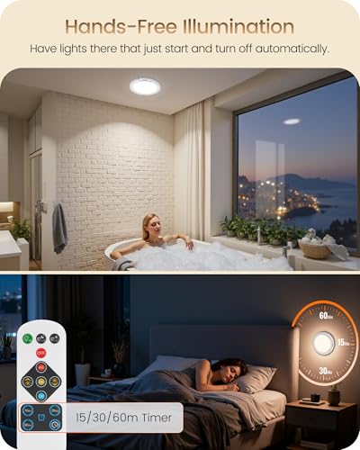 Image of 2 Pack Rechargeable Motion Sensor Closet Light with Remote, Wireless Ceiling Light, Battery Operated LED Ceiling Light, 3CCT, Dimmable Ceiling Light for Shower Stairs Garage Pantry Hallway