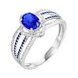 Daesar Anillos de Matrimonio de Boda de Mujer con Hueco y Oval con Zafiro Creado de 1.287ct y Moissanita, Oro Blanco 14K, Talla 11(51mm), Anillo Alianzas Boda Plata Azul