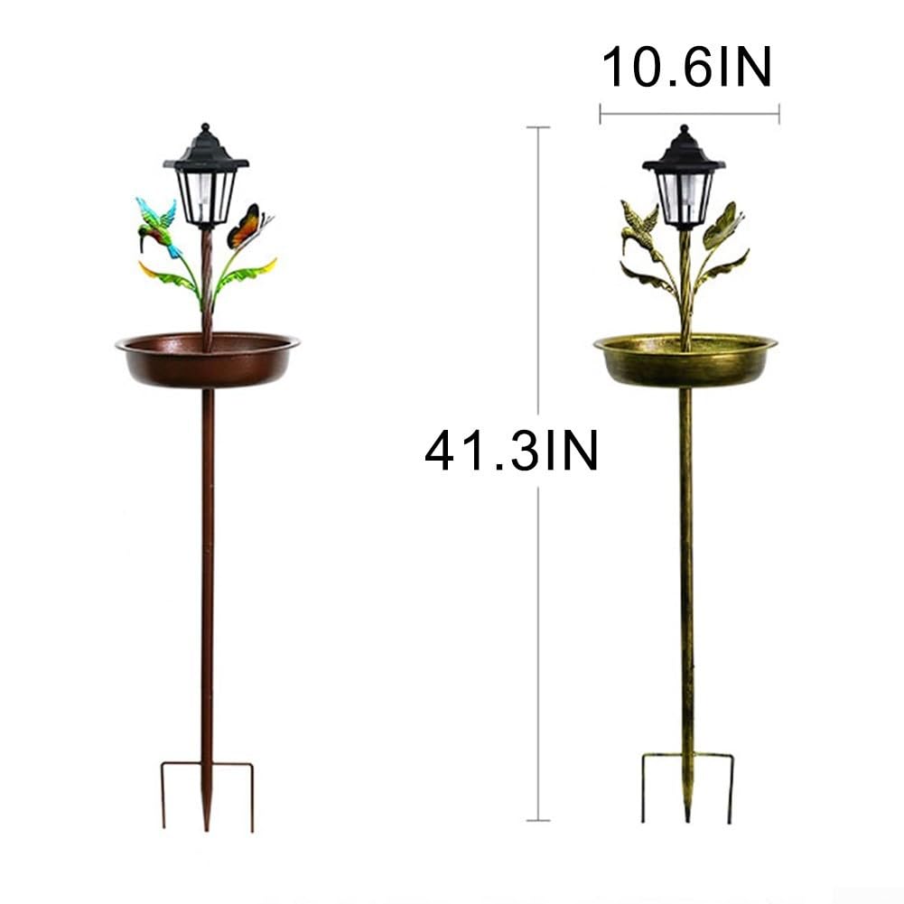 Mangiatoia solare per uccelli e vasca da bagno, con luce automatica, in metallo robusto, decorazione da giardino, per cortile, fauna selvatica, finitura marrone, altezza 104 cm (antico)