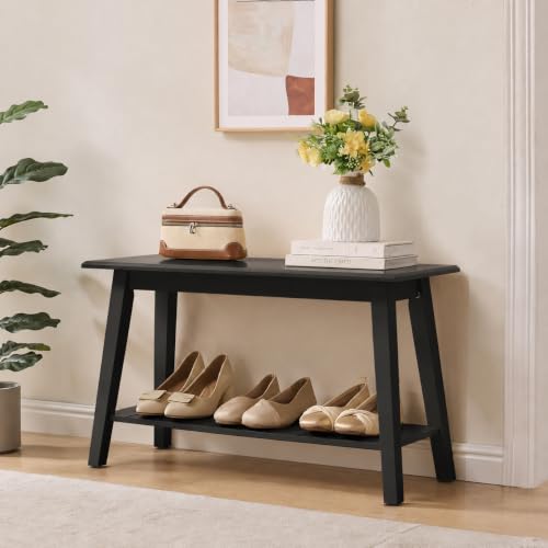 Kings Brand Wood Entryway Shoe Bench with Storage Shelf, Black