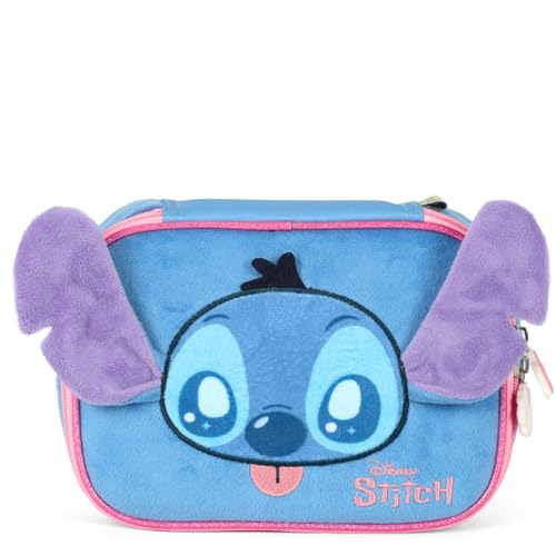 Luxcel Estojo Box Escolar Disney Stitch, Azul, Poliéster Peluciado, 100 Pens, Aplique Orelhinha 3D, 21x15x6cm
