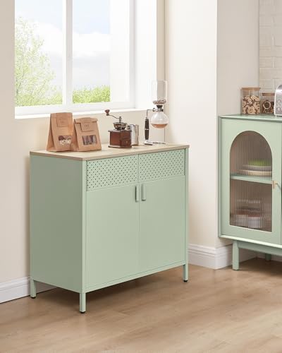 SONGMICS Mobiletto Contenitore, Credenza in Metallo, Doppia Anta con Chiusura Magnetica, Ripiani Regolabili, Struttura in Acciaio, 40 x 80 x 76 cm, Verde Alloro e Rovere Naturale LSC102C01 - Immagine 1