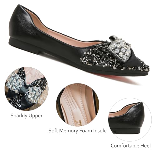 Women's Pointed Toe Rhinestone Bow Flats Comfortable Soft Slip on Low Heel Wedding Dress Shoes Sparkly Ballet Flats3