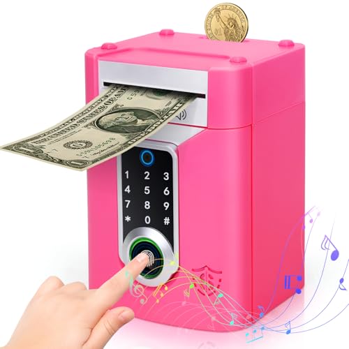 FGZU Spardose Mädchen 3-12 Jahre,Elektronische Spardosen mit Touchscreen und Fingerabdruck,Geldautomat Spardose Tresor Sparschwein Kinder Geschenke Mädchen Rosa