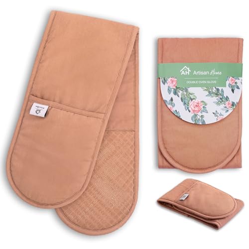 Pink Double Oven Gloves | Thick Potholders Heat Resistant | Quilted Cotton & Silicone Non-Slip Design Pot Holders for Baking Cooking BBQ | Machine Washable Thick Gloves Oven Mitts Kitchen Accessories
