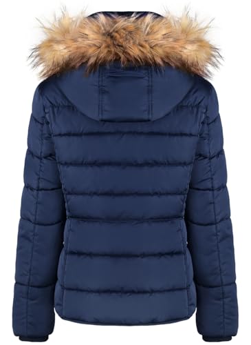 BodiLove Women's Puffer Jacket with Removable Faux Fur Hood and Zipper Navy L2