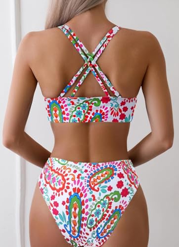 Image of Fanuerg Women's Sexy V Neck Bikini Sets Hollow Out Two Piece Swimsuits Cutout Mid Waist Bathing Suit
