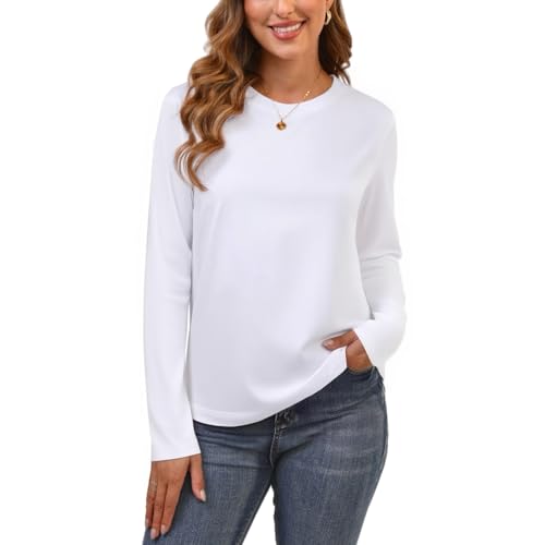 Cotton Basic T Shirts for Women,Crew Neck Long Sleeve Summer Shirts,Solid Loose Fit Tshirt, Plain Workout Tops, Undershirts
