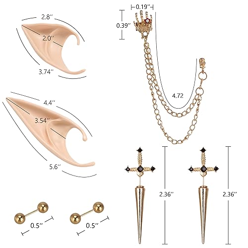 FRESHME Gothic Elf Ears with Sliver Piercings Set, Renaissance Fairy Ear Cuffs with Skull Earrings4