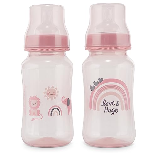 Premium 2-Pack Baby Bottles - 11 Ounce, Hourglass Shape, Fun Boys and Girls Prints, Clear Cover - BPA-Free