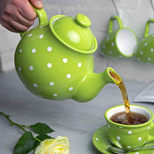 City To Cottage Handmade Lime Green And White Polka Dot Large Ceramic 1,7L/60Oz/4-6 Cup Teapot, Milk Jug, Sugar Bowl Set, Pottery Tea Set, Housewarming Gift For Tea Lovers #TOP2