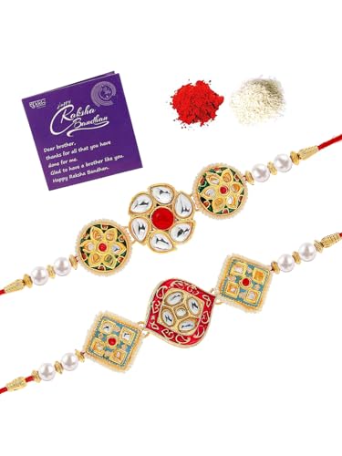 Image of Sukkhi Rakhi Traditional Kundan & Pearls Designer Meenakari Gold Plated Premium Rakhi for Brother with Roli Chawal & Greeting Card | Rakhi for Brother /Bhaiya /Bhai /Men|Rakhi Combo-Set of 2