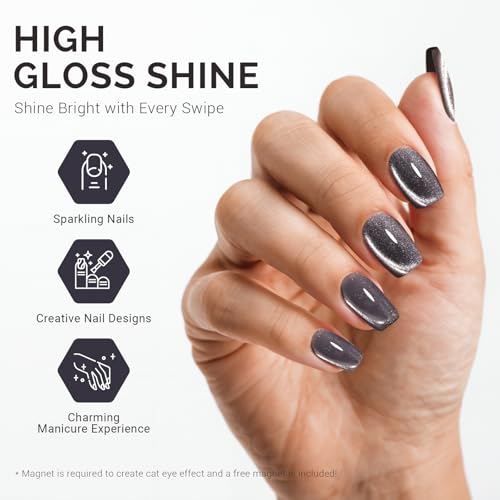 Image of MelodySusie Jeweliver Cat Eye Gel Nail Polish, 0.5 Fl Oz Dark Gray Glitter Holographic Magnetic Nail Polish with Magnet, UV Nail Polish for Nail Art Manicure Salon DIY at Home C6681