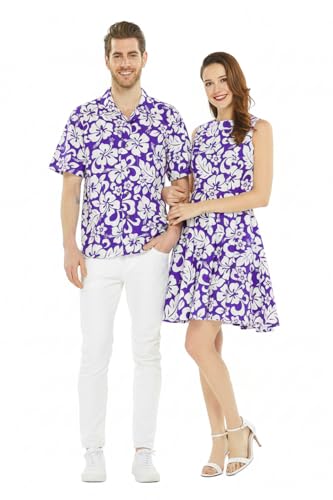Image of Couple Matching Hawaiian Luau Men Shirt and Women Vintage Fit and Flare Dress in Classic Vintage Hibiscus