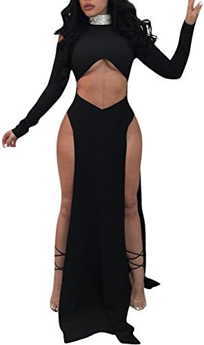 Cutedi Womens Sexy Cold Shoulder Long Sleeve High Neck Sequin Cut Out Long Party Maxi Split Dress Gown