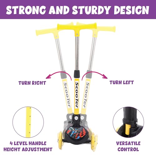 Image of ToyMagic Swift & Stride Scooter 3 Wheeler with Led Wheels Non Electronic Motion Activation Smart Kick Foldable Toy Height Adjustable Handle Birthday Gift for 3+ Made in India, Yellow, Kid
