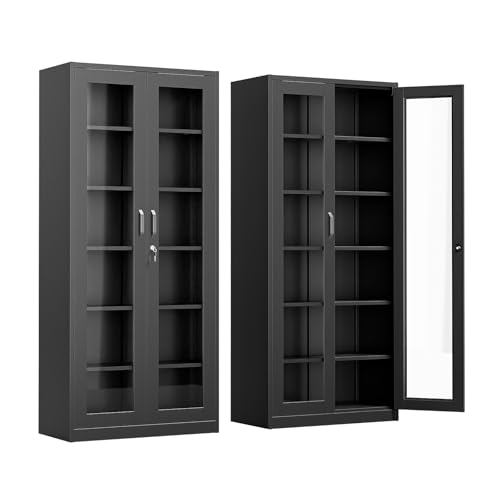 VINGLI Lockable Display Cabinet with Glass Doors & 5 Adjustable Shelves, 71
