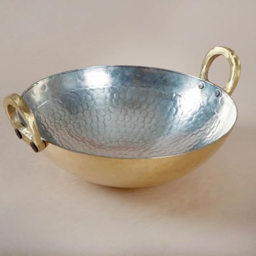 Brass Kadhai, 1.5 Liter (9.5-Inch) | Traditional Tin-Coated Brass Cooking Pot for Deep Frying, Sautéing & Slow Cooking | Non-Stick, Durable, Eco-Friendly, Ideal for Indian Cooking, Curry, & Frying