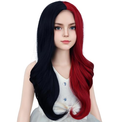 DUDUWIG Child Black and Red Wig Kids Middle Part Wig Girls Long Black Red Wavy Curly Wig for Heat Resistant Synthetic Wig with Wig Cap