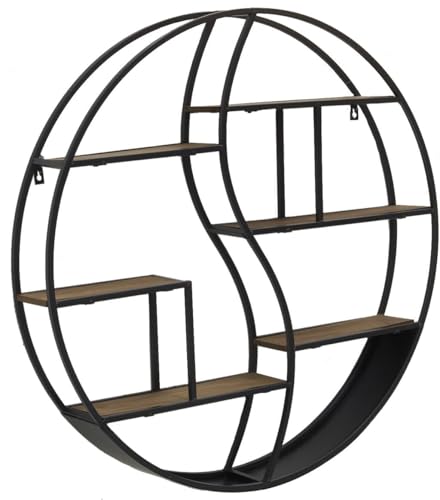 AUBRY GASPARD - Étagère Murale Ronde Métal et Bois Médium - 6 Étagères - Ø 80 cm x Profondeur 12 cm - Noir Naturel - Livrée Montée - Poids 6 kg - Idéale...