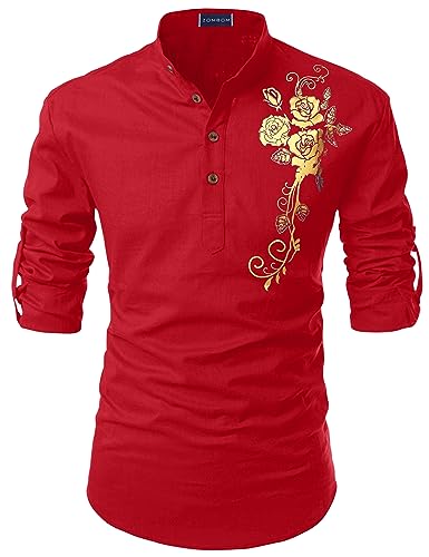 Image of Zombom Men's Casual Cotton Polyester Blend Printed Full Sleeve Short Kurta Shirt