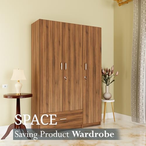 Image of VIKI Wardrobe |Wooden Almirah for 3 Door Wardrobe with 1 Drawer & Hanging Space (Brussel Walnut - 40D x 120W x 180.8H) | 1 Year Warranty | Free Assembly