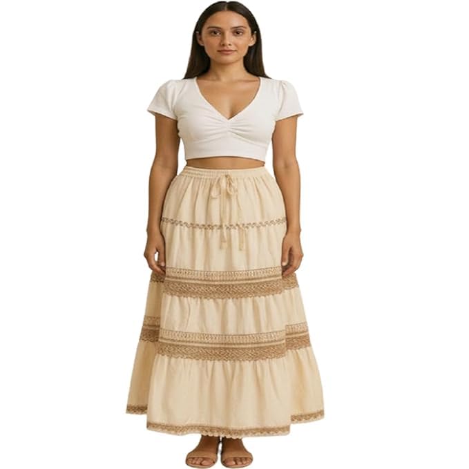 cigain Women's Boho Maxi Skirt, Beige, Tiered with Lace Trim, Drawstring Waist, Bohemian Style-picture-36