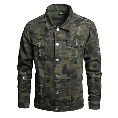 CIVYCEBY Denim Jeans Jackets For Men Slim Fit Destroyed Fashion Ripped Vintage Coat Camouflage Green Jeans Jacket (1805-3XL)