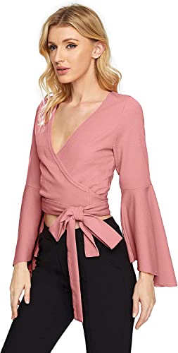 Image of TASHVIKA'S Women's Long Sleeve V Neck Tie Knot Wrap Blouse Top